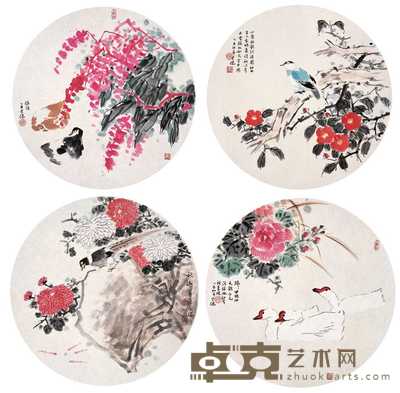 柳学健 2005年作 花鸟(四帧) 镜心 直径45cm×4